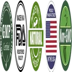 FDA-registered facility badge, a statement about the factory