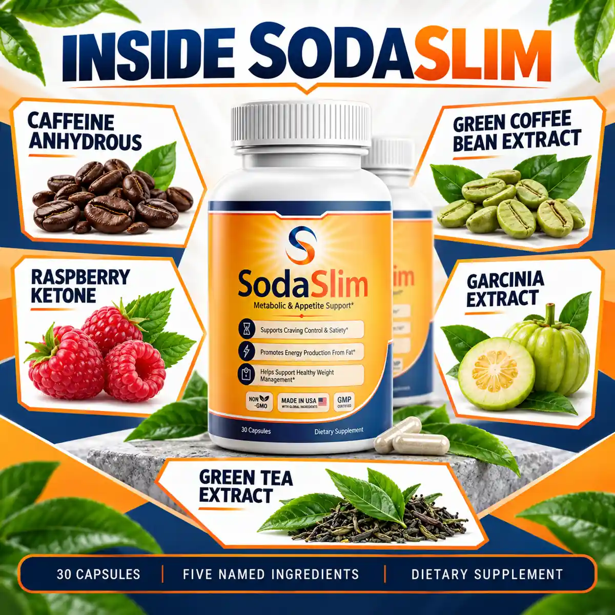 The INSIDE SODASLIM graphic naming caffeine anhydrous, green coffee bean extract, raspberry ketone, garcinia extract and green tea extract