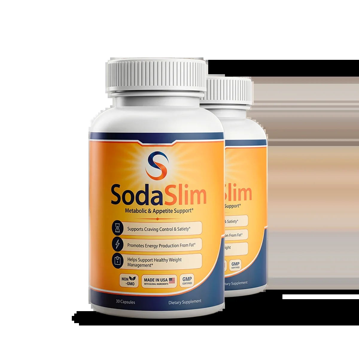 SodaSlim two-bottle package with a measured caffeine anhydrous serving